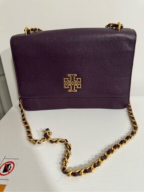 Tory Burch large Britten Pebbled Leather in Deep Plum with Gold Hardware